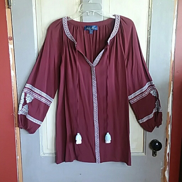 Blue Rain Tops - Maroon Peasant Top With Aztec and Tassle details